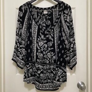 Bila Flowy Peasant Top Boho Blouse Black‎ White Floral V Neck 3/4 Sleeve 2XL